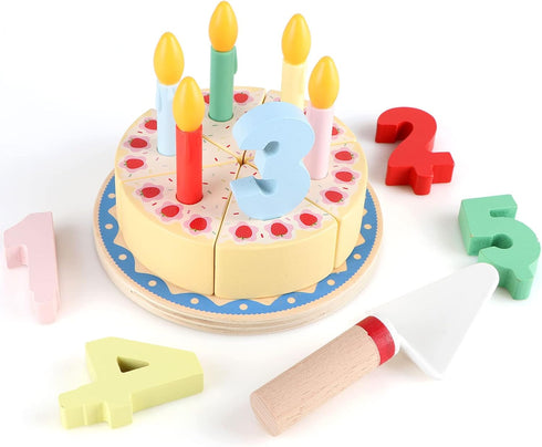 Wooden Cutting Birthday Cake Toys, Fake Cake Toy with Candles and Numbers, Montessori Tea Party Learning Toys