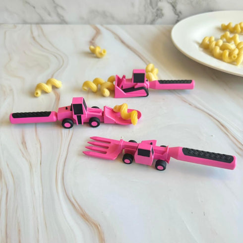 Set Constructive Eating Plate and Utensils - USA-Made Toddler Dinnerware with Divided Plates (Pink Construction)