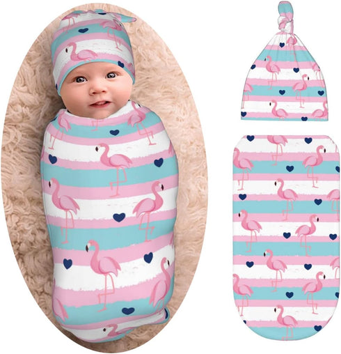 Osvbs Cute Retro Flamingo Baby Stuff Newborn Swaddle Blanket with Beanie Set, Soft