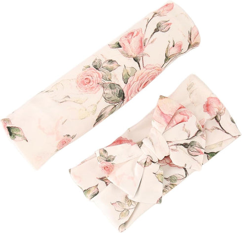 Set Galabloomer Receiving Blanket Headband Flower Print Baby Swaddle Receiving Blankets (white vintage flower)