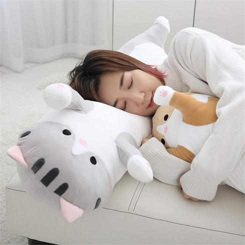 shangman Lovely Plush Cat Doll - Cute Cartoon Soft Stuffed Kitten, Long Throw Pillow Toy Gift for Kids (Grey)