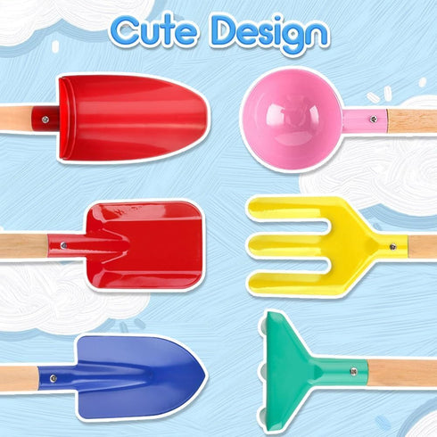UMUACCAN 6Pcs 8'' Set, Beach Toys for Kids, Kids Gardening Tools Sand Toys Metal Garden Tools with Sturdy Wooden