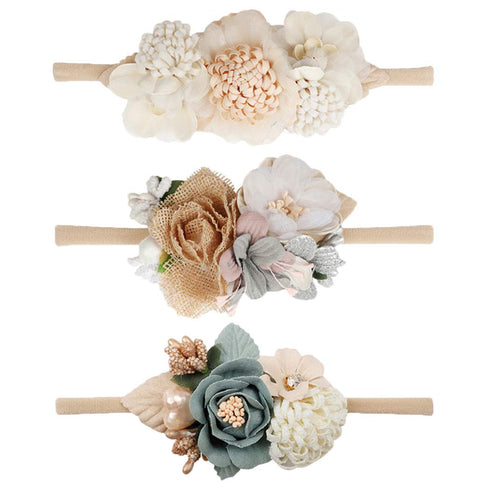 VOBOBE Baby Girl Nylon Headbands, Infant Flower Elastic Hair Band Bows Wraps, Pack of 3 (A-Beige)