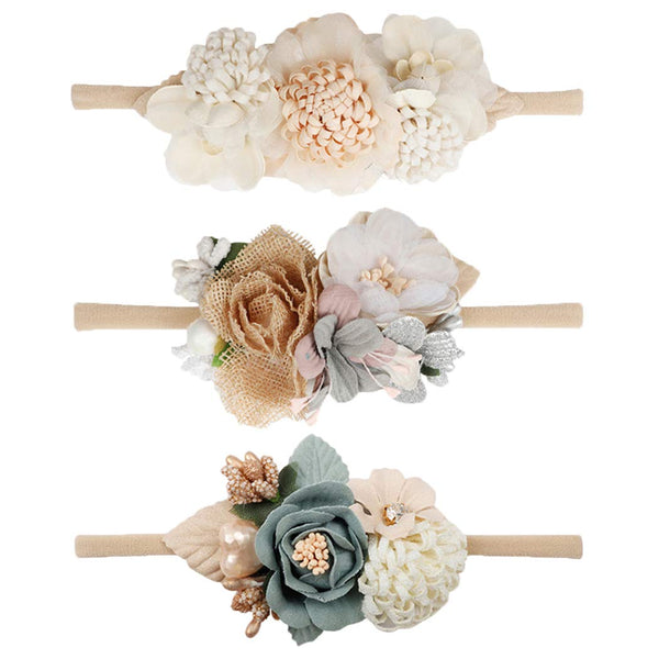 VOBOBE Baby Girl Nylon Headbands, Infant Flower Elastic Hair Band Bows Wraps, Pack of 3 (A-Beige)