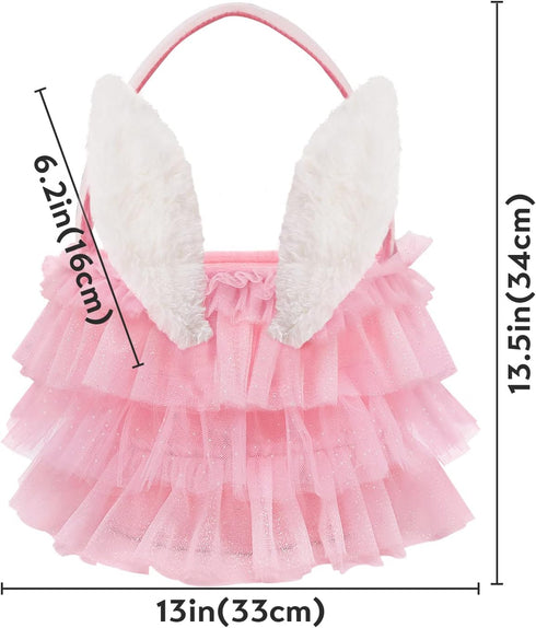 Tutu Easter Basket, Pink Ruffled Shining Tulle with Fluffy Bunny Ears, Easter Theme Party Favors and Decorations for