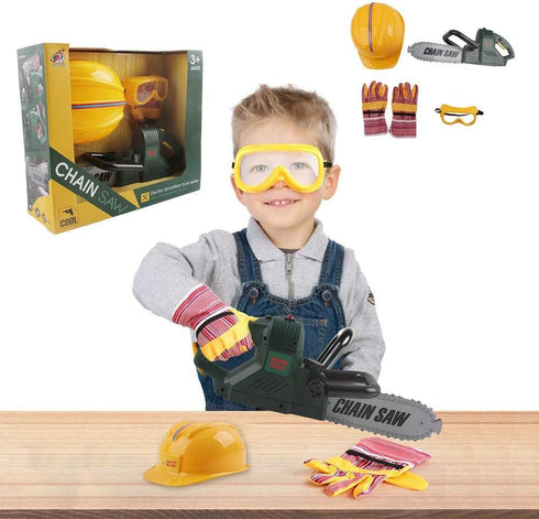 Set Kids Electric Chainsaw Toy Tool Pretend Play with Safety Goggles, Work Gloves | Rotating Chain and Realistic Sound