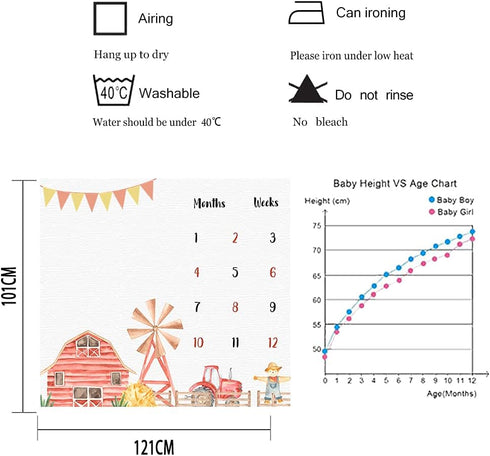 Farm Theme Baby Monthly Milestone Blanket, Soft Flannel, 48x40in, Tractor and Barn Backgrounds, Newborn Mom Gifts, Baby