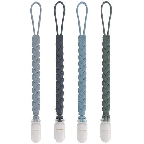 Stylish Silicone Pacifier Clips 4-Pack for Baby Boys and Girls, Woven Rope Design for Teething Relief, Grey