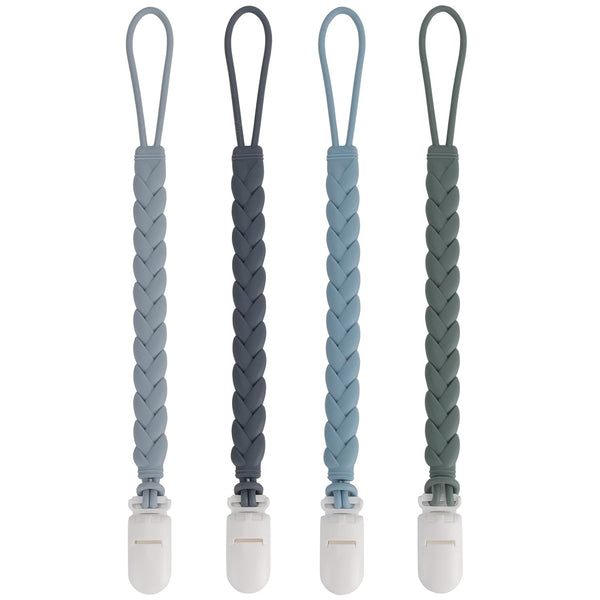 Stylish Silicone Pacifier Clips 4-Pack for Baby Boys and Girls, Woven Rope Design for Teething Relief, Grey