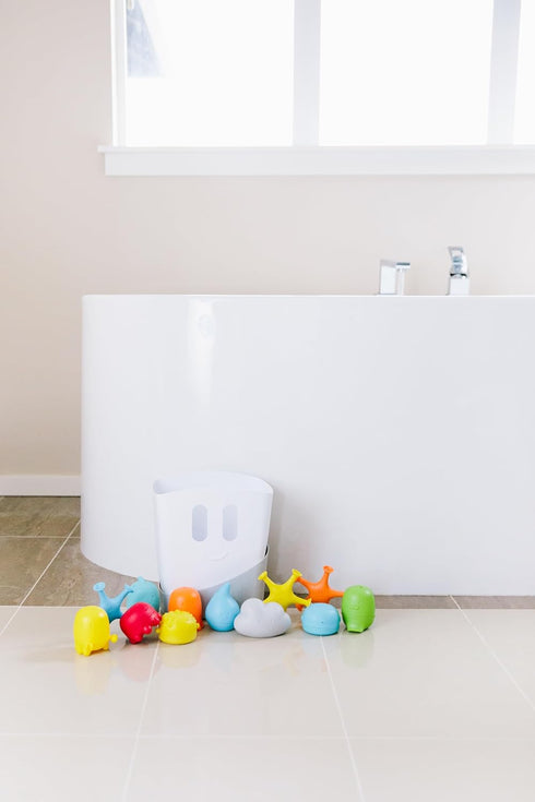Set, 11 Ubbi Baby Bath Time Essential Gift Includes Drying Bin and Bath Toys, Dishwasher Safe, White