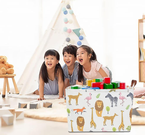 Kids Storage Basket,Collapsible Woodland Jungle Forest Printed Storage Bin,Rectangular Waterproof Gift Box with Handles,Baby Toy Baskets for Bedroom Playroom Decor(Jungle Animals)