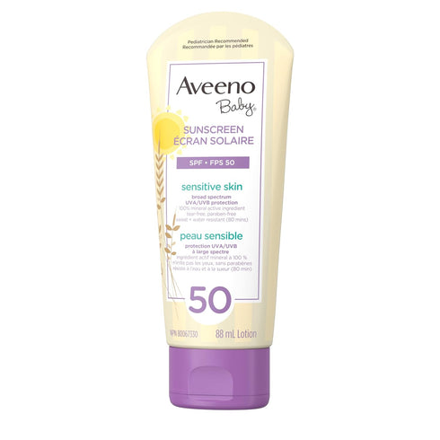50, 88 mL Aveeno Baby Mineral Sunscreen Lotion SPF with Zinc Oxide Active Naturals for Sensitive Skin, Travel Size