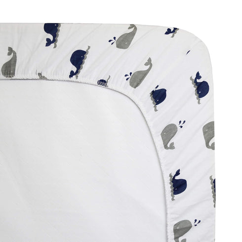 American Baby Company 100% Natural Cotton Fitted Pack and Play Sheet, 39" x 27", Navy Whale for Boys & Girls