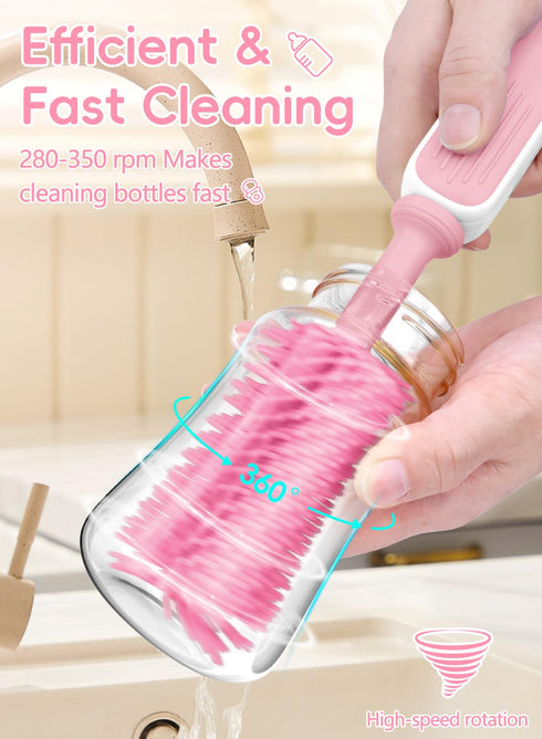 2000mAh 360 Electric Baby Bottle Brush Cleaner, Baby Travel Bottle Cleaner Kit- Rechargeable Silicone Brush, Drying