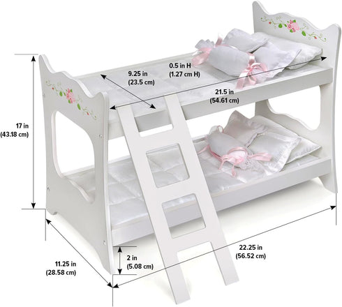 Badger Basket Toy Doll Bunk Bed with White Bedding & Ladder for 20 Inch Dolls - White Rose