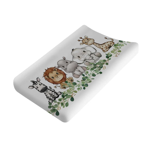Baby Jungle Safari Animals Changing Pad Covers, Eucalyptus Leaves, Lion, Elephant, Zebra, Giraffe, 32''x16''