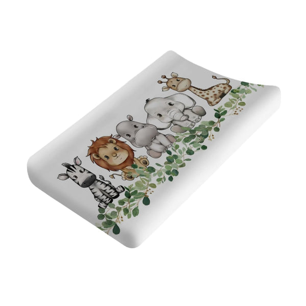 Baby Jungle Safari Animals Changing Pad Covers, Eucalyptus Leaves, Lion, Elephant, Zebra, Giraffe, 32''x16''