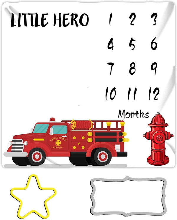 Firemen Baby Monthly Milestone Blanket, Fire Truck Little Hero Photo Blanket, 48x48in, Newborn Baby Shower Gift