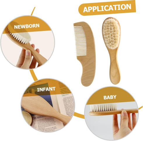 Set Natural Wool Brush Newborn Hair Brush Comb Wooden Comb Hair Care Grooming Kit Baby Shower Present