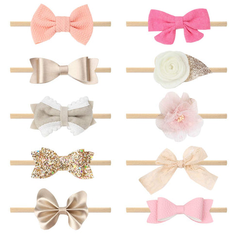 10 PCS Handmade Baby Girl Headbands and Bows, Soft Elastic Nylon Hairbands Hair Accessories for Infant Toddler