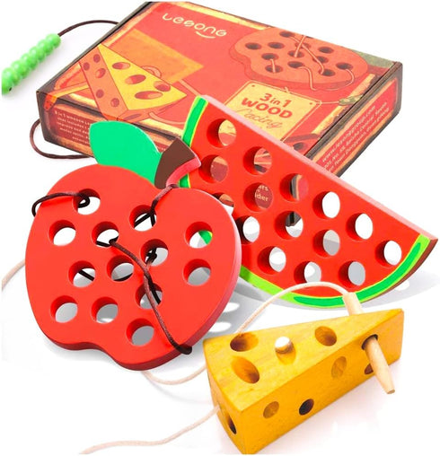 Lacing Toy for Toddlers, Fine Motor Skill Educational Activity for 3 Year Old, Wooden Threading Toys for Travel Games