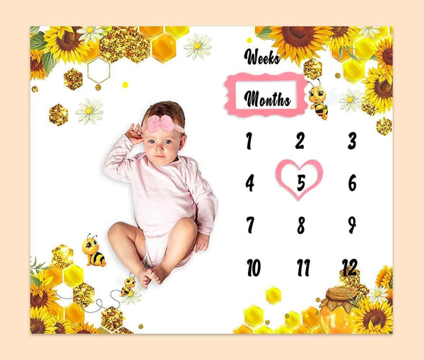 Baby Monthly Milestone Blanket, Sunflower Bee Honeycomb Design, 1 to 12 Months Unisex with 4 Frames