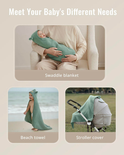 32x32 Blissful Diary Muslin Baby Hooded Towel, Soft and Absorbent Bath Towel for Newborn, Infant, Toddler, Unisex