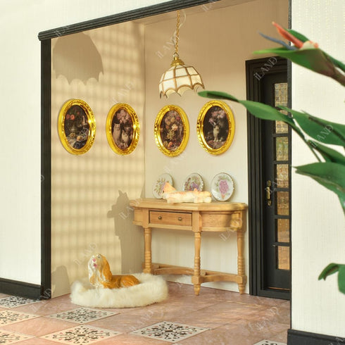 iLAND Miniature Dollhouse Accessories, 4 Picture Frames Set with Printed Paintings in Golden Color