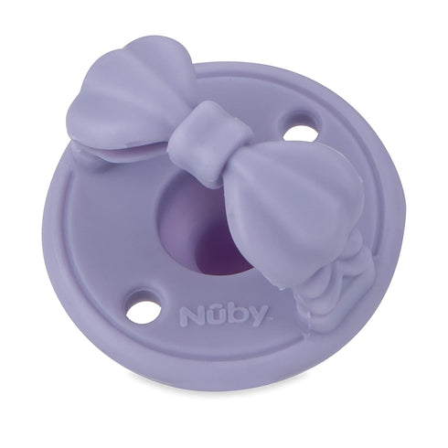 Nuby 3-D Sili Soother Pacifiers, 2 Pack with Soft Handle and Two Safety Air Holes, 0+ Months, Purple Bow and Pink