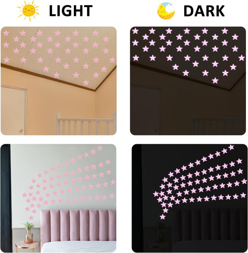 Tweruna 100 1 3D Stars & Moon Glow in The Dark Stars for Ceiling, Pink Glowing Wall Stickers with Adhesive Pads