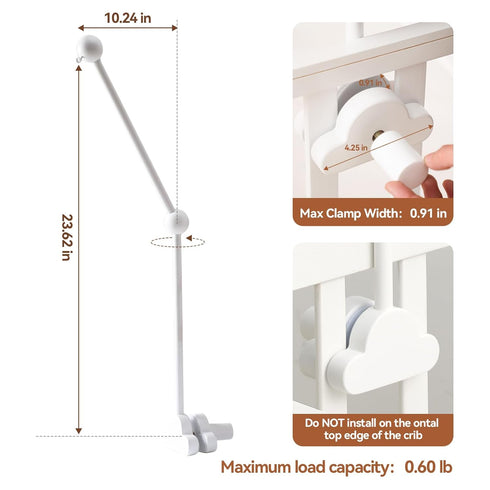 24 Inch OESSUF Baby Crib Mobile Arm, Wood Hanger, White Cloud Design, Nursery Mobile Holder for Cot Bed (White)