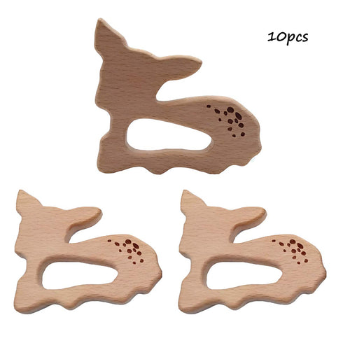 10pcs Natural Wooden Sika Deer Teething Pendant, Pure Beech Wood Animal Teether Shape, Handmade Accessory