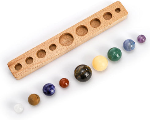 ZENFUN Nine Planets in Solar System with Wooden Stand, Natural Gemstones Sphere Solar System Model Kit, Planet Marbles