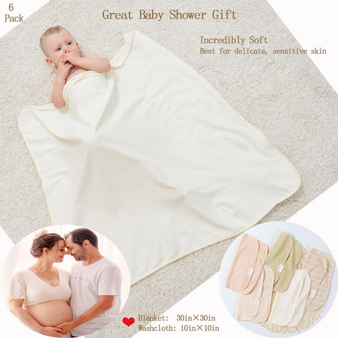 6-Pack Set 5 30 30 Inch Organic Cotton Baby Bath - Ultra Soft Embroidered Hooded Towel and Washcloths, Premium Gentle