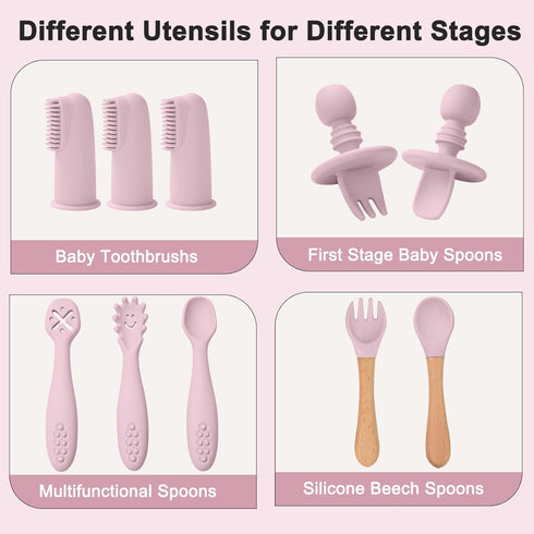 Set 14 6+ LITTLE RAWR Silicone Baby Feeding Pcs,Baby Led Weaning Supplies, Baby Spoons Suction Bowl Divided Plate Bib