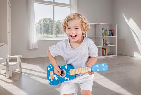 Hape Kid's Wooden Toy Ukulele in Multicolor Dot Blue, Dimensions: L: 21.1, W: 2.6, H: 6.9 Inch
