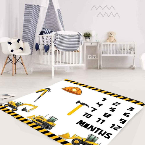Construction Vehicle Baby Monthly Milestone Blanket, 48x40in Soft Flannel Hard Hat Tool Hammer Blanket for Newborn Gift