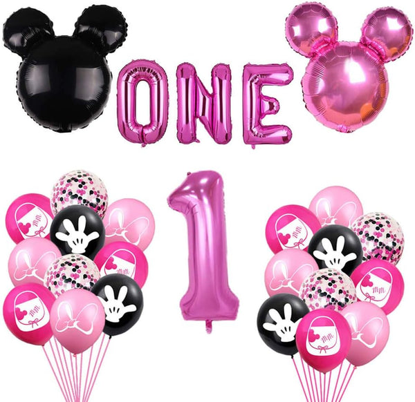 Pink and Black First Birthday Balloons, Girls First Year Banner, 1st Birthday Baby Shower Party Supplies