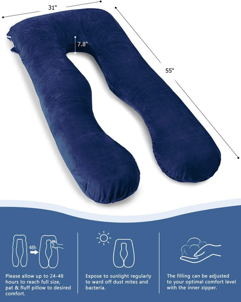 Navy U Shaped Pregnancy Body Pillow with Removable Velvet Cover