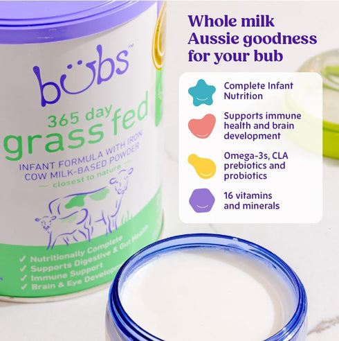 365 0-12 20 oz Bubs Day Grass Fed Infant Formula with Iron, Cow Milk-Based Powder for Infants Months, Made with Non-GMO