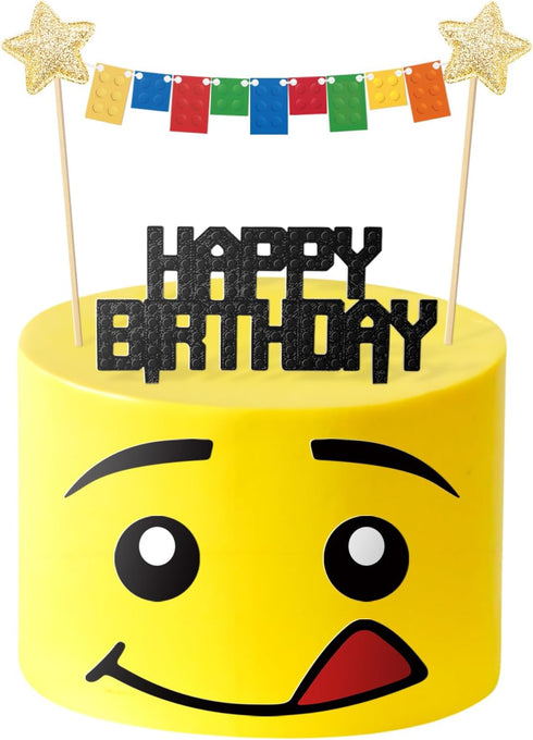 Building Blocks Cake Topper, 3D Print Character Face Design Star Flag Banners Bunting Banner Party Supplies for Boys