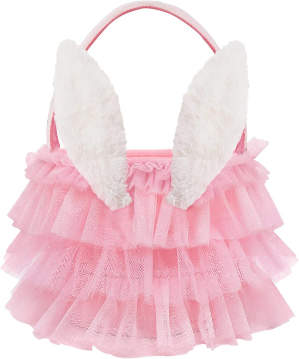 Tutu Easter Basket, Pink Ruffled Shining Tulle with Fluffy Bunny Ears, Easter Theme Party Favors and Decorations for