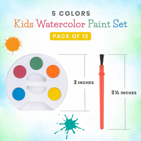 Mini Watercolor Kids Paint Set - (Bulk Pack of 12) - 5 Watercolor Paints, Palette Tray and Painting Brush, for Art Party Favors, Kids Prizes and Paint Party Supplies by Bedwina