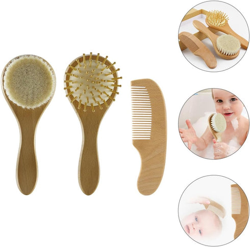 Set FRCOLOR Wooden Handle Hair Brush and Comb with Soft Wool Bristles for Newborn Scalp Care and Bathing Grooming Kit