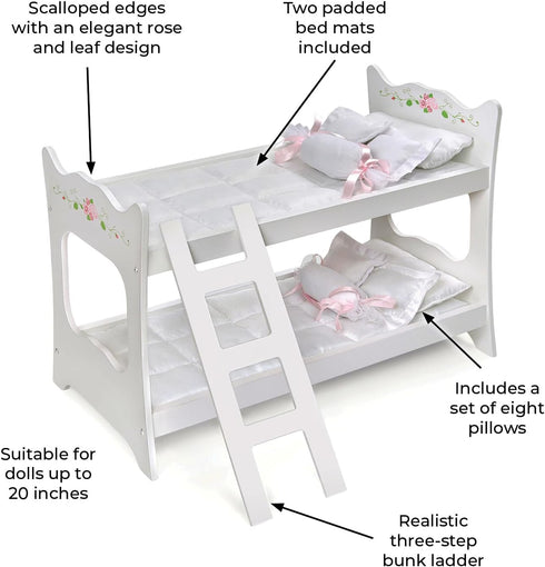 Badger Basket Toy Doll Bunk Bed with White Bedding & Ladder for 20 Inch Dolls - White Rose