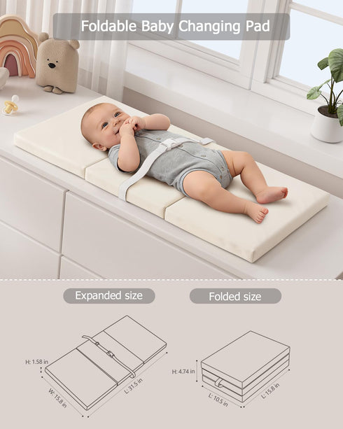 YACODAVO Foldable Baby Changing Pad with Vegan Leather Cover, Standard Side Waterproof & Wipeable Changing Pad