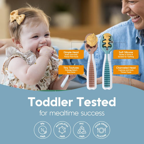 NumNum Baby Spoons Set - Feeding Littles x Silicone Pre-Spoon GOOtensils for Kids 6+ Months, 3 Spoons, Neutrals