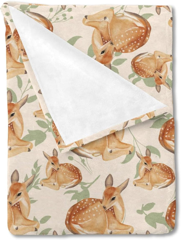 Cute Woodland Deer Green Leaves Baby Blanket for Boys Girls, Soft Flannel Swaddle Receiving Blankets for Newborn