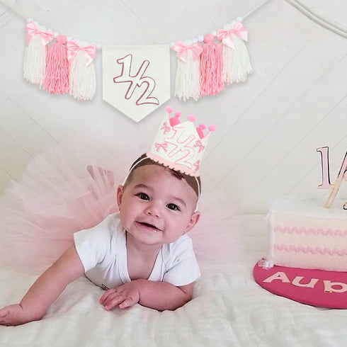 1/2 6 Birthday High Chair Banner, Half-Year Crown Hat, Months Party Decorations, Baby Photo Props with Pink Bow