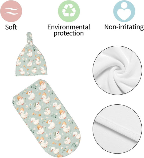 Nanyizly Set 0-6m Cute Little Duck Flowers Newborns Beanie Swaddle Blanket Baby Receiving Blankets for Infant Boy Girl